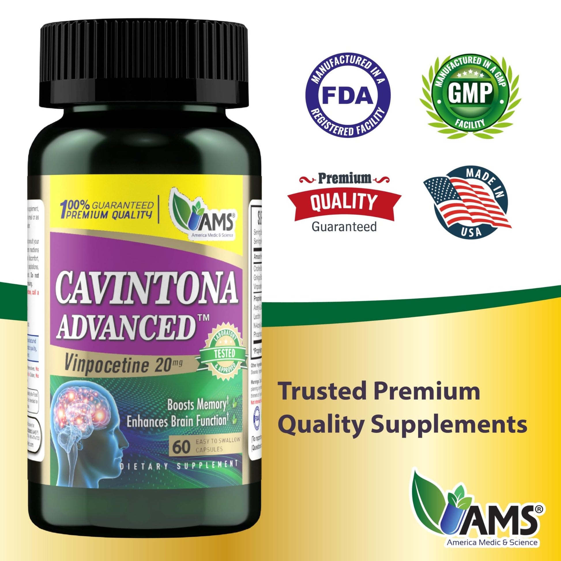 America Medic & Science Cavintona Advanced Supplement – Vinpocetine 20mg for Memory, Recall & Brain Health – Supports Cognitive Function, Focus, Mental Clarity & Blood Flow – 60 Capsules - dailyvitalstore