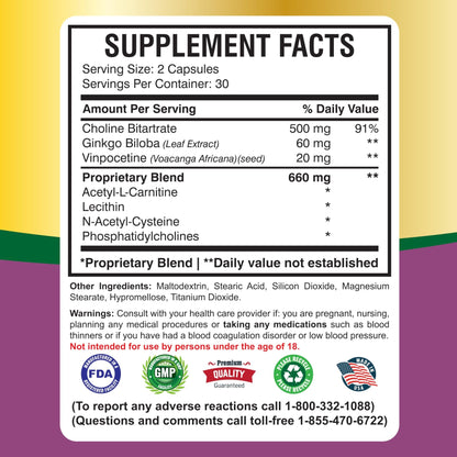 America Medic & Science Cavintona Advanced Supplement – Vinpocetine 20mg for Memory, Recall & Brain Health – Supports Cognitive Function, Focus, Mental Clarity & Blood Flow – 60 Capsules - dailyvitalstore