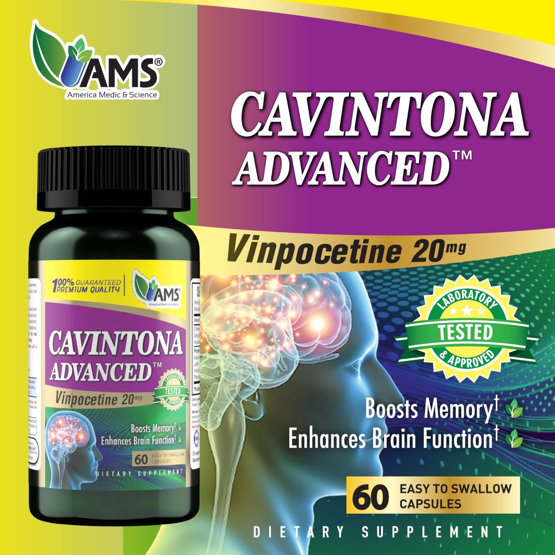 America Medic & Science Cavintona Advanced Supplement – Vinpocetine 20mg for Memory, Recall & Brain Health – Supports Cognitive Function, Focus, Mental Clarity & Blood Flow – 60 Capsules - dailyvitalstore