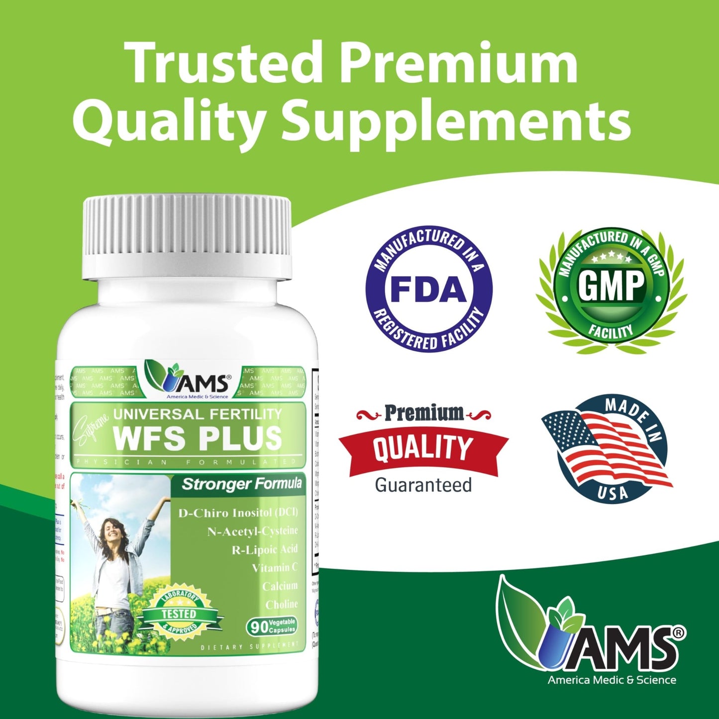 America Medic & Science WFS Plus Fertility Supplements for Women (90 Capsules) Supports Ovulatory Health | Natural Preconception Vitamins, Reproductive Aid, with D-Chiro Inositol, DHA |15-Day Supply. - dailyvitalstore