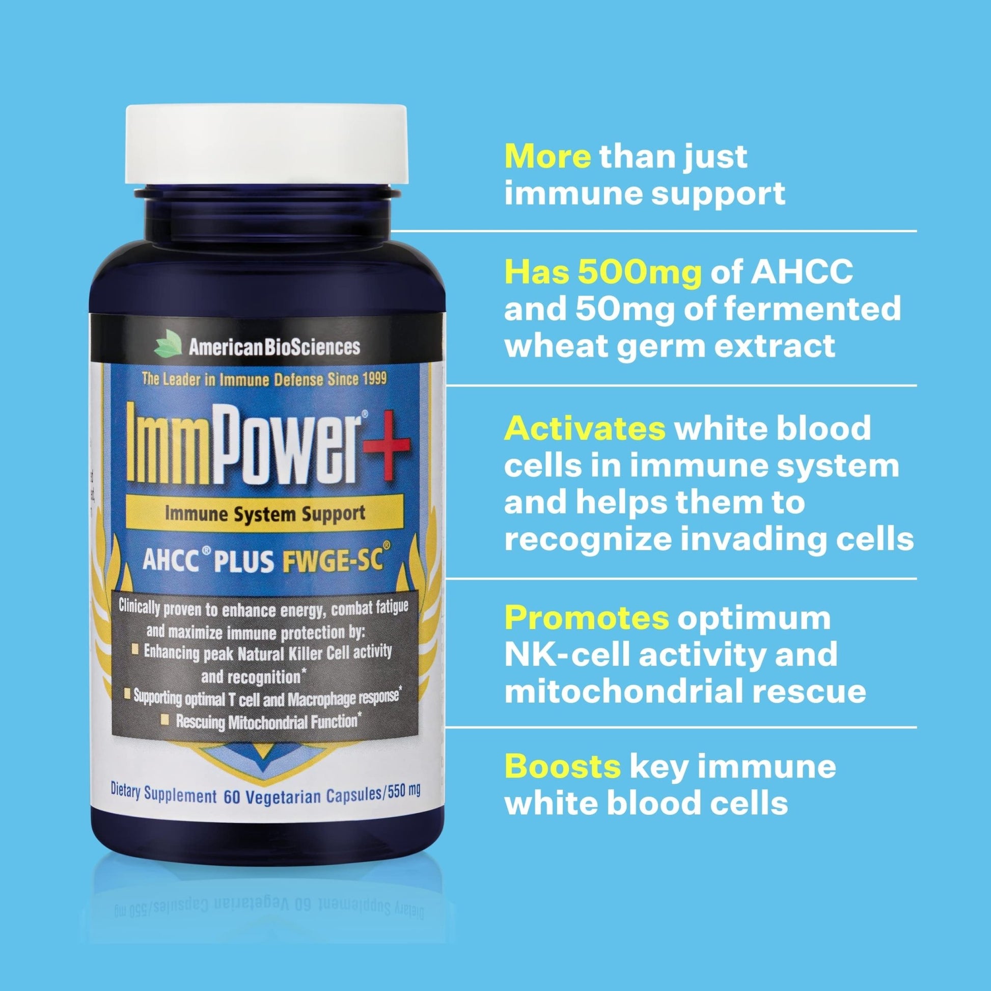 American BioSciences ImmPower Plus, AHCC & Fermented Wheat Germ Extract Herbal Supplement, 550mg per Capsule for Immune Support, Maintains Natural Killer Cell Activity, Pack of 1, 60 Veggie Capsules - dailyvitalstore