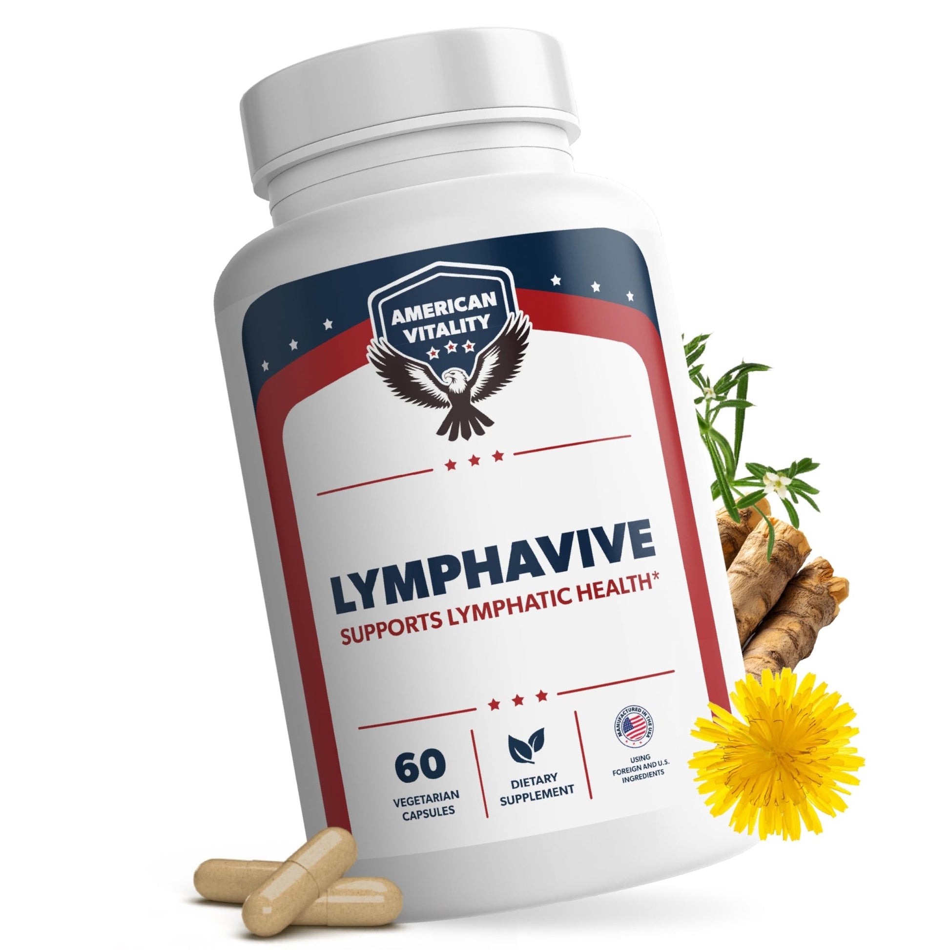 AMERICAN VITALITY LymphaVive Lymphatic Drainage Supplements for Men & Women - Lymphatic Support with Bromelain, Echinacea, Burdock Root, Dandelion, Rutin, Kelp - 60 Capsules - dailyvitalstore