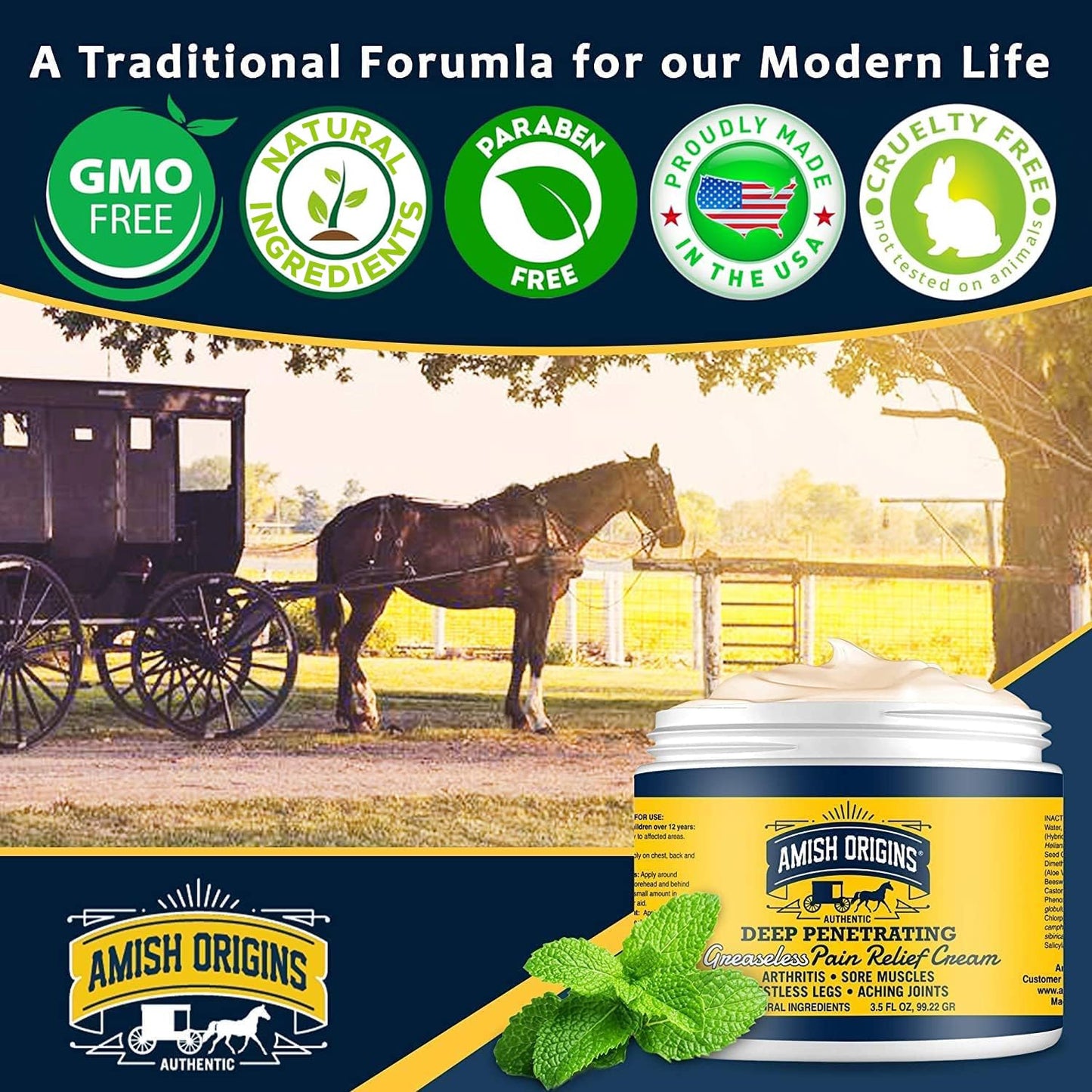 Amish Origins Arthritis Pain Relief Cream - 3.5 oz - Maximum Strength Deep Penetrating for Joint, Muscle, Knee, Back, Feet, Hand, Ankle, Aches, 1 Pack - dailyvitalstore