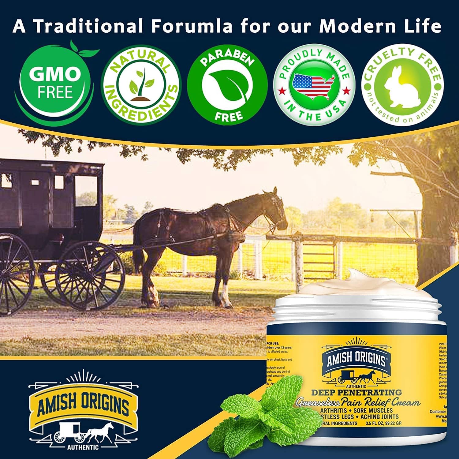 Amish Origins Arthritis Pain Relief Cream - 3.5 oz - Maximum Strength Deep Penetrating for Joint, Muscle, Knee, Back, Feet, Hand, Ankle, Aches, 1 Pack - dailyvitalstore