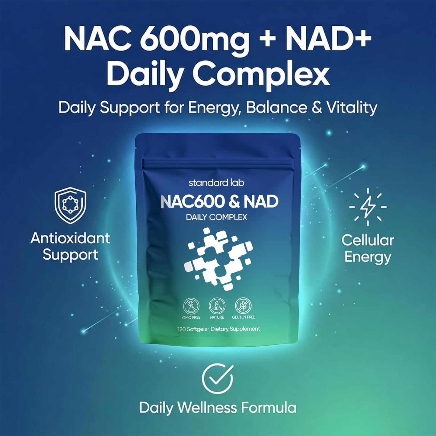 AMOQUCT Standard Lab NAC 600mg & NAD+ Daily Complex Capsules, NAC Supplement with NAD for Antioxidant, Cellular Energy and Immune Support, Daily Wellness Formula - dailyvitalstore