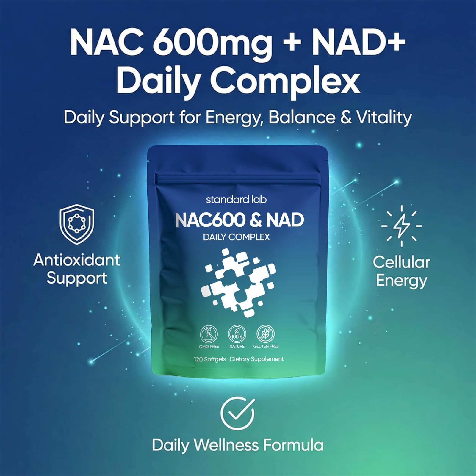 AMOQUCT Standard Lab NAC 600mg & NAD+ Daily Complex Capsules, NAC Supplement with NAD for Antioxidant, Cellular Energy and Immune Support, Daily Wellness Formula - dailyvitalstore