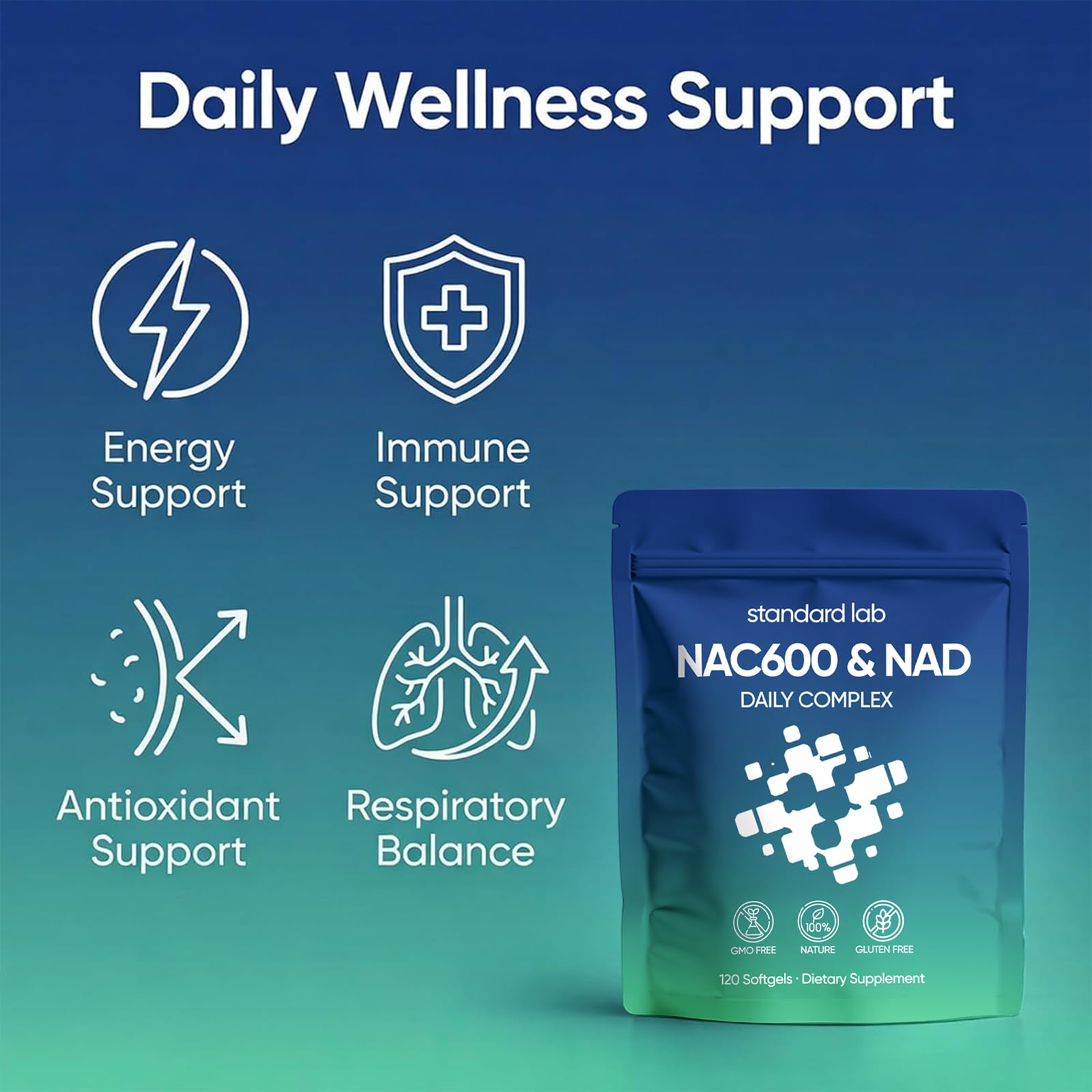 AMOQUCT Standard Lab NAC 600mg & NAD+ Daily Complex Capsules, NAC Supplement with NAD for Antioxidant, Cellular Energy and Immune Support, Daily Wellness Formula - dailyvitalstore