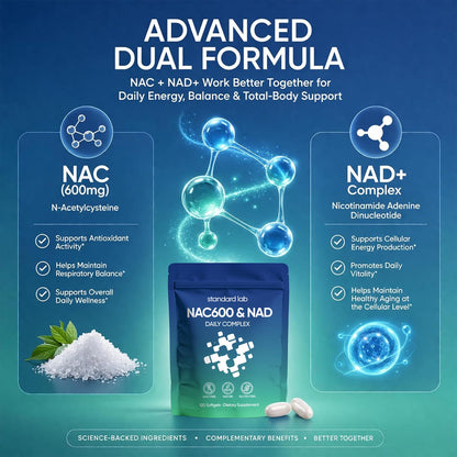 AMOQUCT Standard Lab NAC 600mg & NAD+ Daily Complex Capsules, NAC Supplement with NAD for Antioxidant, Cellular Energy and Immune Support, Daily Wellness Formula - dailyvitalstore