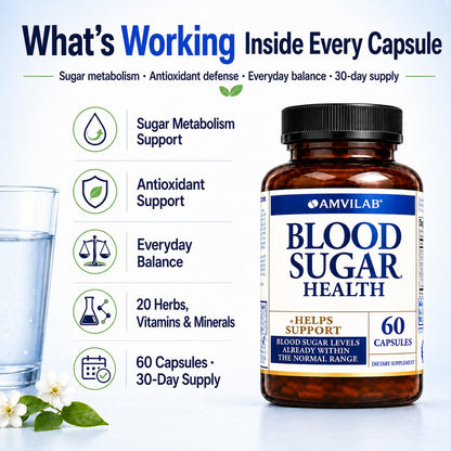AMVILAB Blood Sugar Health Natural 20 Herbs and Vitamins with Cinnamon, Alpha Lipoic Acid to Support Health, Non-GMO, for Men Women, Supports Healthy Energy Levels - dailyvitalstore