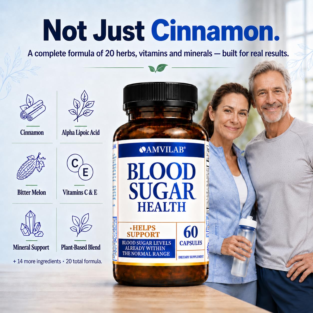 AMVILAB Blood Sugar Health Natural 20 Herbs and Vitamins with Cinnamon, Alpha Lipoic Acid to Support Health, Non-GMO, for Men Women, Supports Healthy Energy Levels - dailyvitalstore