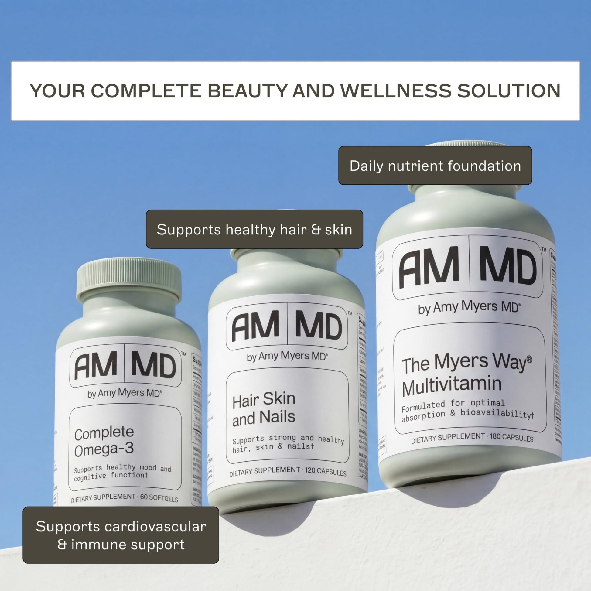 Amy Myers MD Hair Skin and Nails - Supports Strong Hair, Radiant Skin & Healthy Nails - L-Proline, Horsetail, Hyaluronic Acid - Gluten-Free - 120 Capsules (30 Servings) - dailyvitalstore