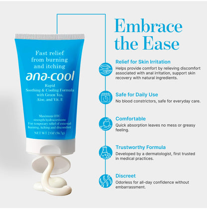 Ana-Cool Herbal Hemorrhoid Relief Cream - Fast Soothing for Bug Bites, Rashes, Irritations & More - 1% Hydrocortisone with Witch Hazel, Aloe & Vitamin E - Physician-Developed, 2 oz Tube - dailyvitalstore