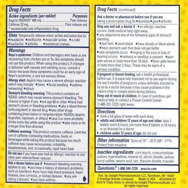 Anacin Fast Pain Relief Pain Reducer Aspirin Tablets, 200 Tabs (Value Pack of 2) - dailyvitalstore