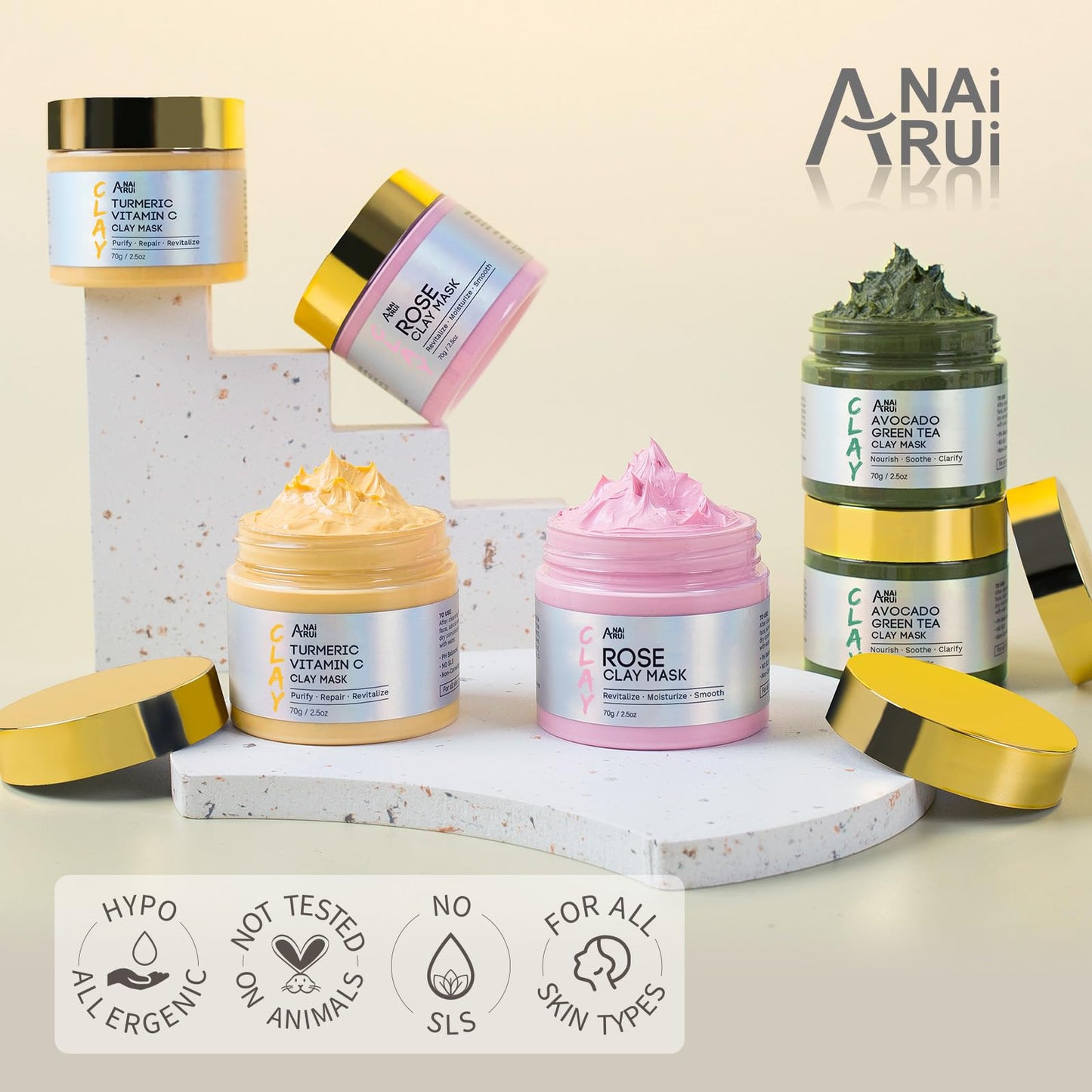 ANAI RUI 3 Pack Clay Mask Set Turmeric Vitamin C Clay Mask -Rose Facial Mask -Avocado Green Tea Mud Mask Smoothing, Hydration & Glow,Spa Gift Set - dailyvitalstore