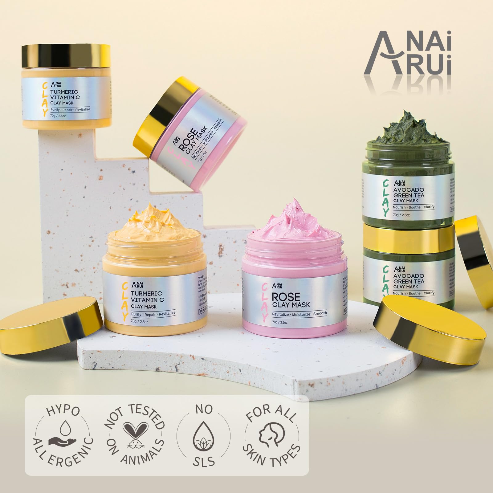 ANAI RUI 3 Pack Clay Mask Set Turmeric Vitamin C Clay Mask -Rose Facial Mask -Avocado Green Tea Mud Mask Smoothing, Hydration & Glow,Spa Gift Set - dailyvitalstore