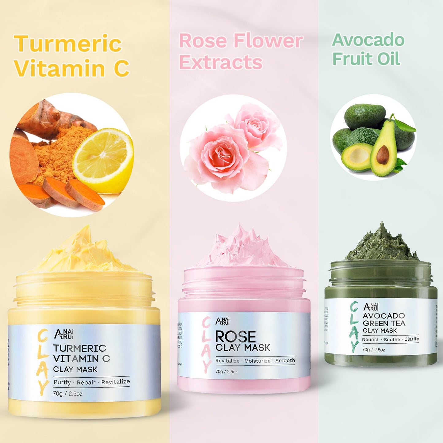 ANAI RUI 3 Pack Clay Mask Set Turmeric Vitamin C Clay Mask -Rose Facial Mask -Avocado Green Tea Mud Mask Smoothing, Hydration & Glow,Spa Gift Set - dailyvitalstore