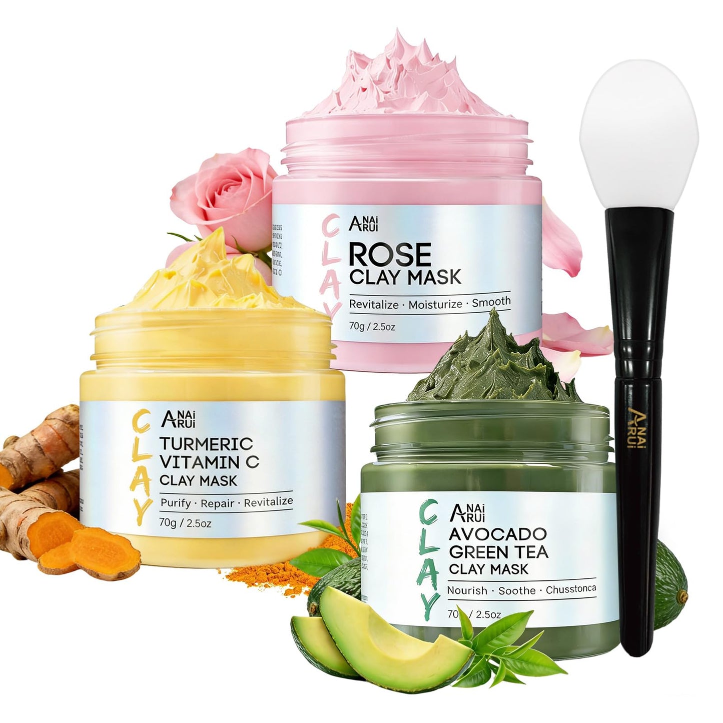 ANAI RUI 3 Pack Clay Mask Set Turmeric Vitamin C Clay Mask -Rose Facial Mask -Avocado Green Tea Mud Mask Smoothing, Hydration & Glow,Spa Gift Set - dailyvitalstore