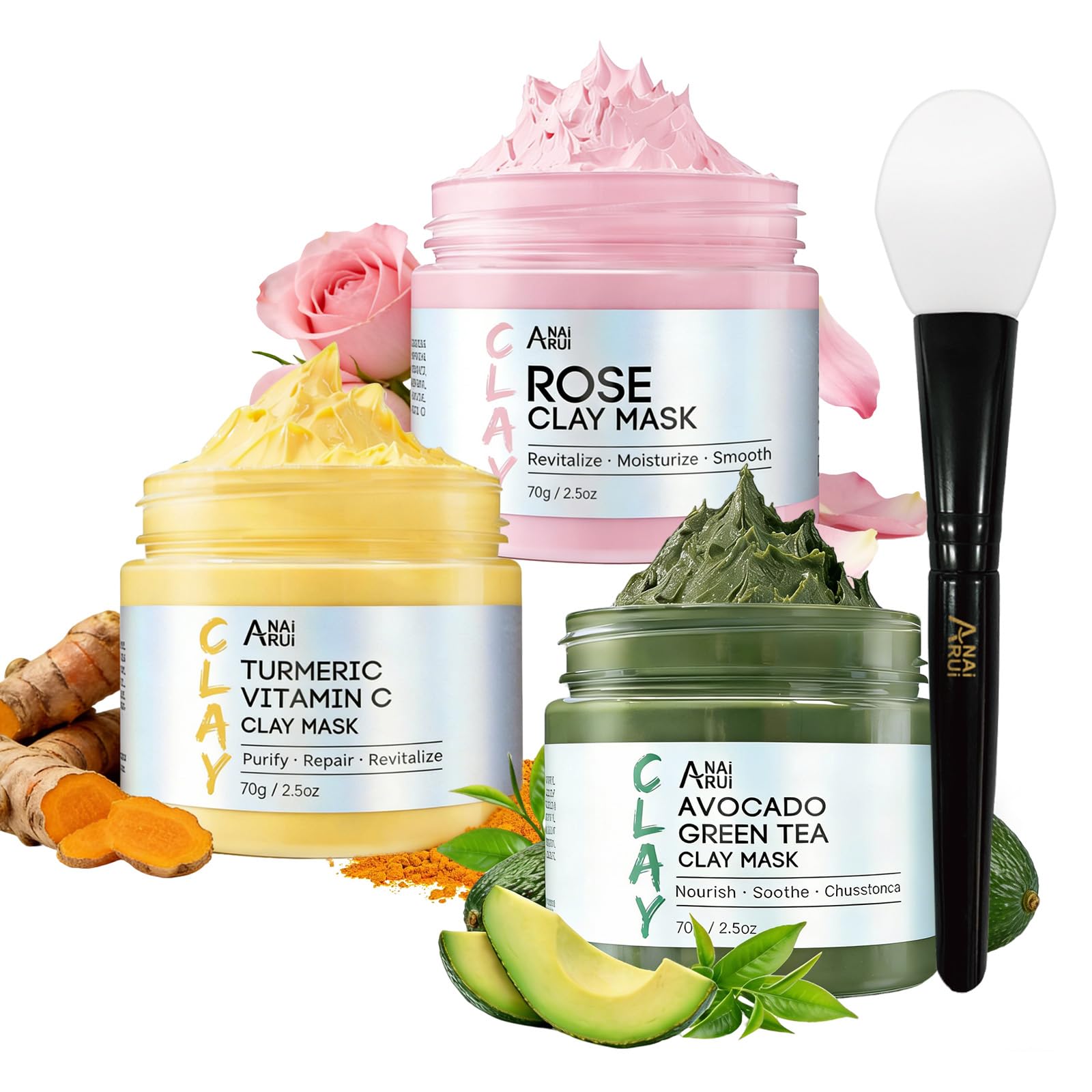 ANAI RUI 3 Pack Clay Mask Set Turmeric Vitamin C Clay Mask -Rose Facial Mask -Avocado Green Tea Mud Mask Smoothing, Hydration & Glow,Spa Gift Set - dailyvitalstore