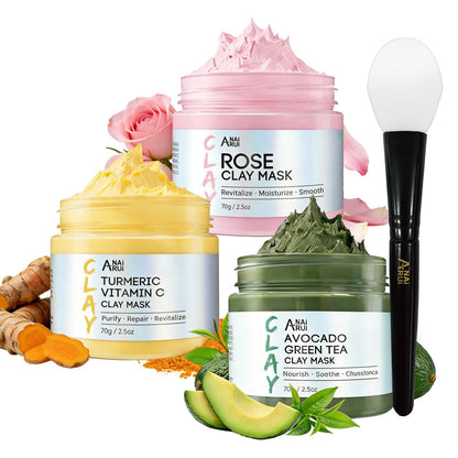 ANAI RUI 3 Pack Clay Mask Set Turmeric Vitamin C Clay Mask -Rose Facial Mask -Avocado Green Tea Mud Mask Smoothing, Hydration & Glow,Spa Gift Set - dailyvitalstore