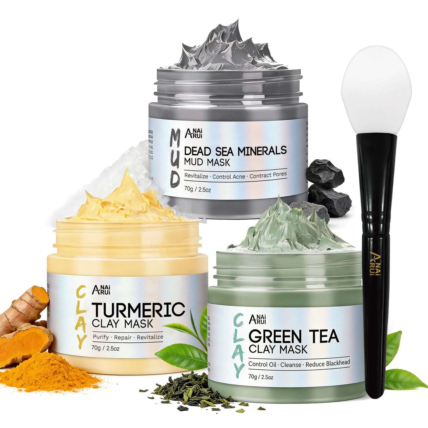 ANAI RUI 3 Pcs Face Mask Set - Turmeric Clay Mask - Green Tea Face Mask - Dead Sea Mud Mask for Oily Skin, Blackheads & Pores -Spa Gift Set Self - dailyvitalstore