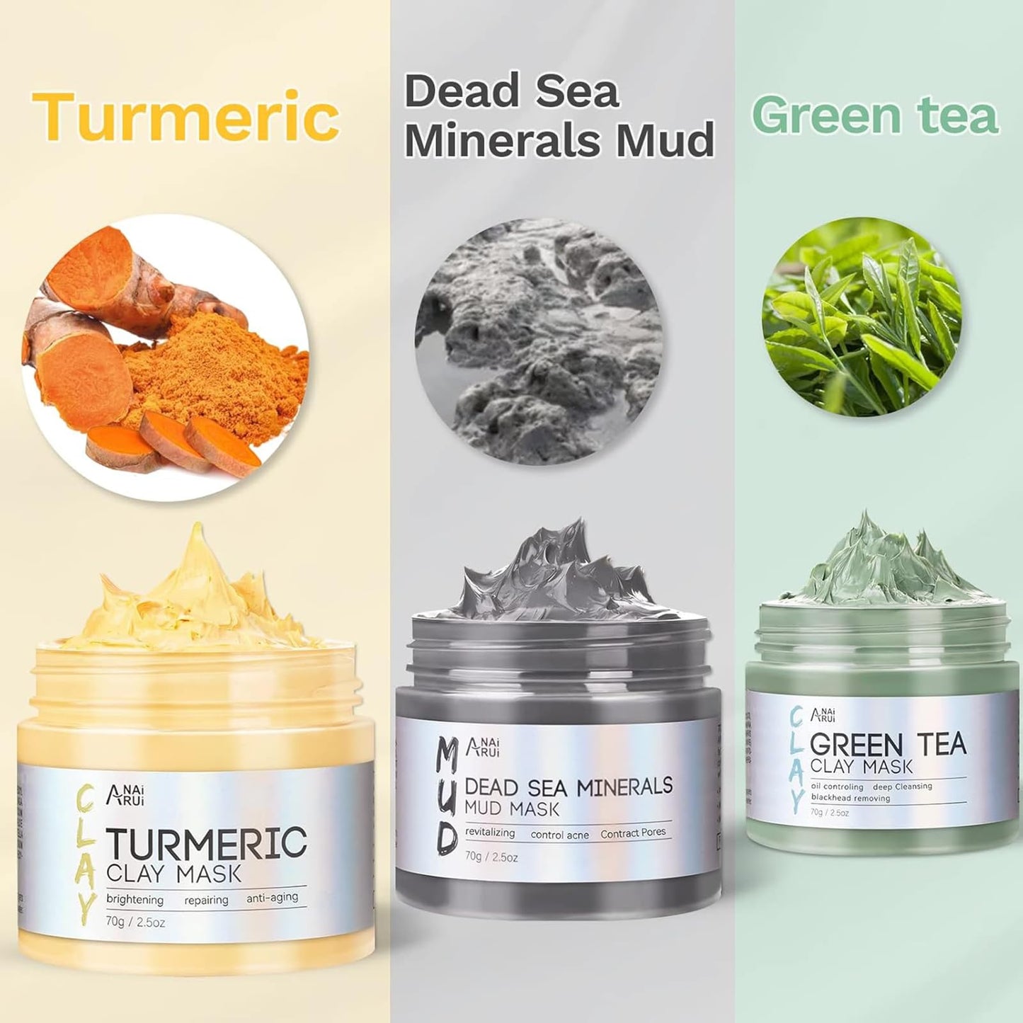 ANAI RUI 3 Pcs Face Mask Set - Turmeric Clay Mask - Green Tea Face Mask - Dead Sea Mud Mask for Oily Skin, Blackheads & Pores -Spa Gift Set Self - dailyvitalstore
