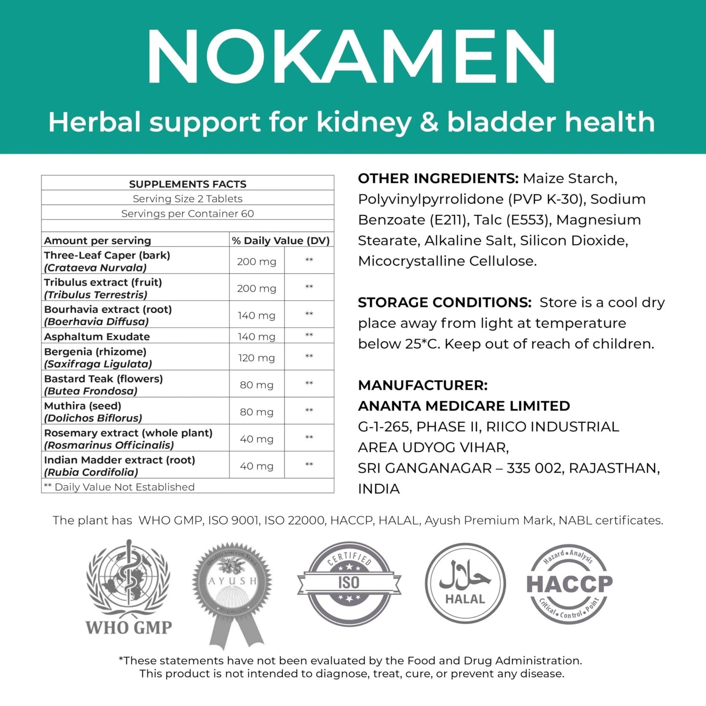Ananta Medicare USA NOKAMEN – Kidney & Urinary Tract Support Herbal Formula, 120 Tabs - dailyvitalstore