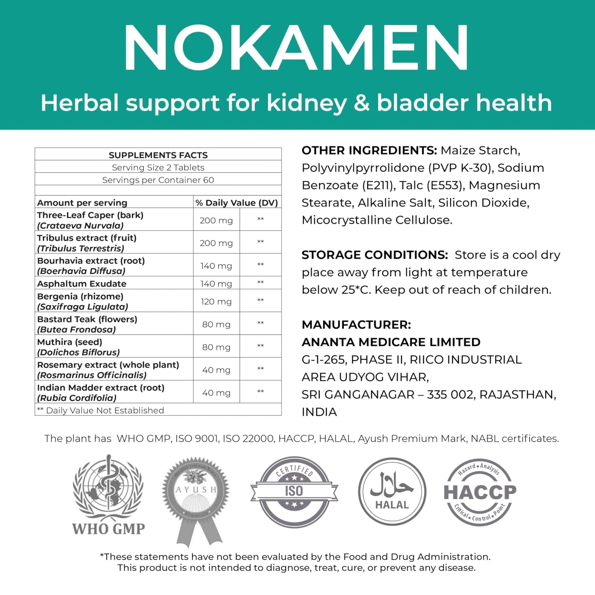 Ananta Medicare USA NOKAMEN – Kidney & Urinary Tract Support Herbal Formula, 120 Tabs - dailyvitalstore