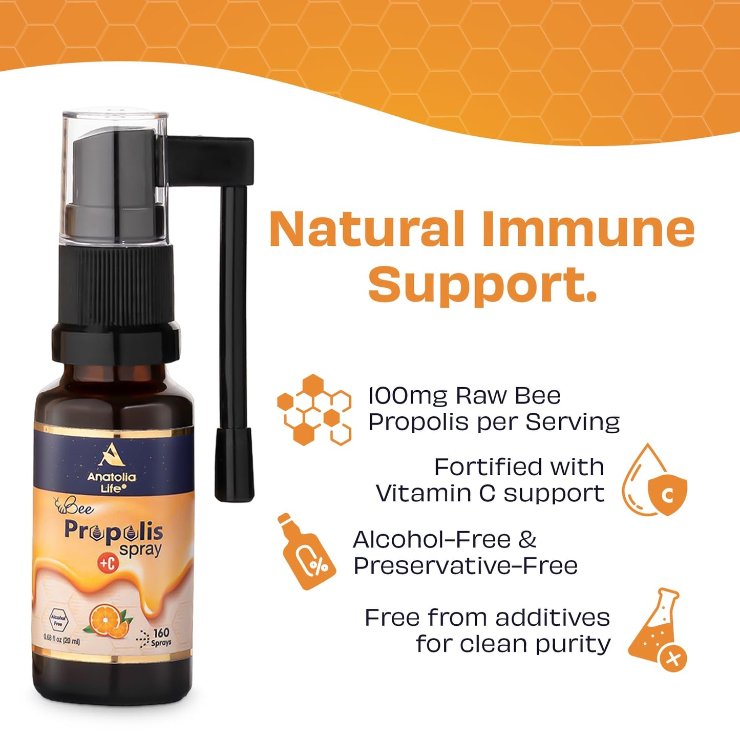 Anatolia Life Bee Propolis Spray + Vitamin C – Alcohol-Free, Natural Orange Flavor, 100% Pure Bee Propolis Extract, Antioxidant Support, Gentle Throat Comfort – 20 ml (~160 Sprays) - dailyvitalstore