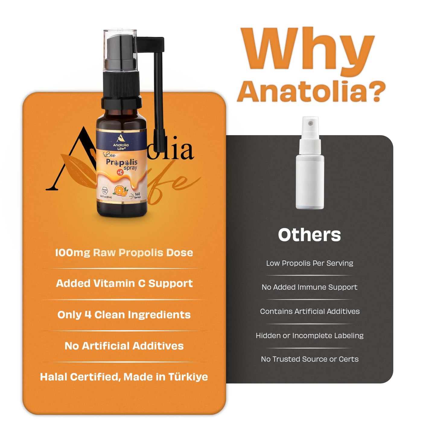 Anatolia Life Bee Propolis Spray + Vitamin C – Alcohol-Free, Natural Orange Flavor, 100% Pure Bee Propolis Extract, Antioxidant Support, Gentle Throat Comfort – 20 ml (~160 Sprays) - dailyvitalstore