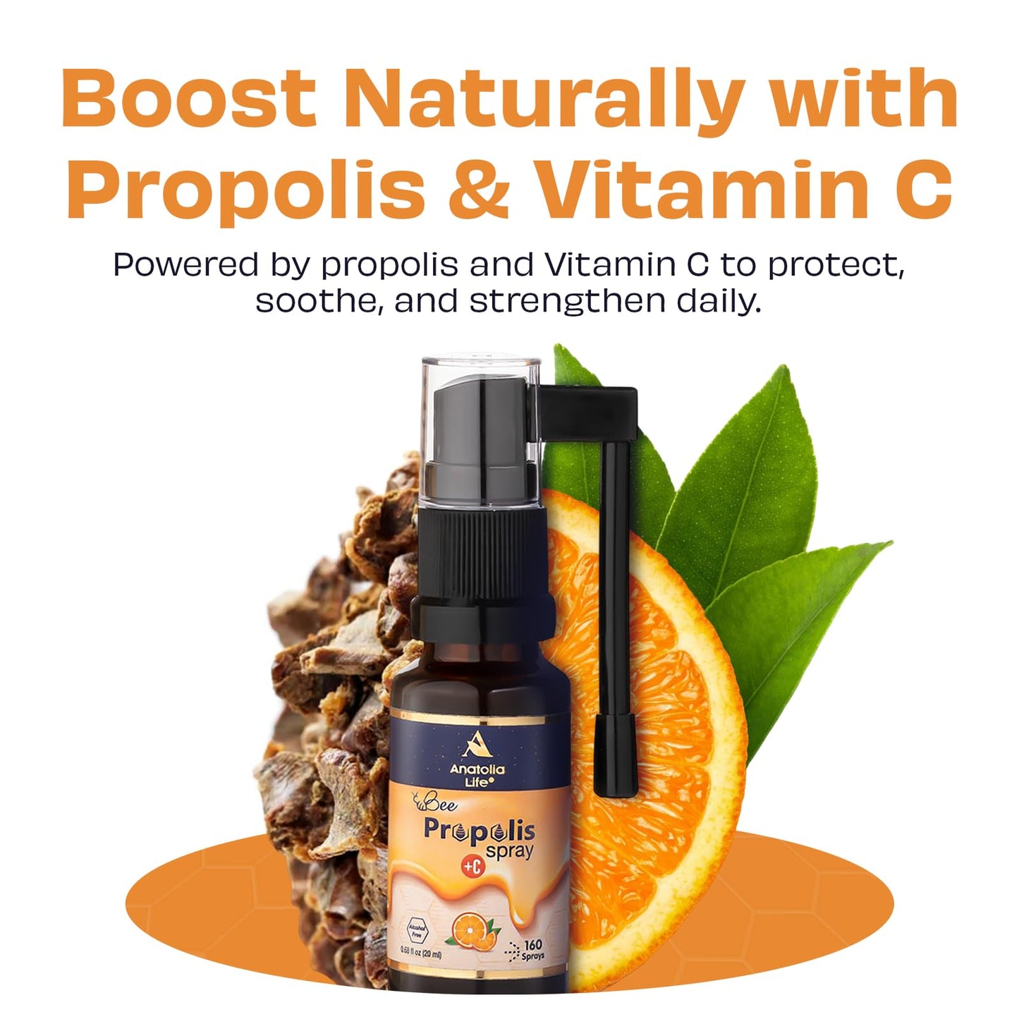 Anatolia Life Bee Propolis Spray + Vitamin C – Alcohol-Free, Natural Orange Flavor, 100% Pure Bee Propolis Extract, Antioxidant Support, Gentle Throat Comfort – 20 ml (~160 Sprays) - dailyvitalstore