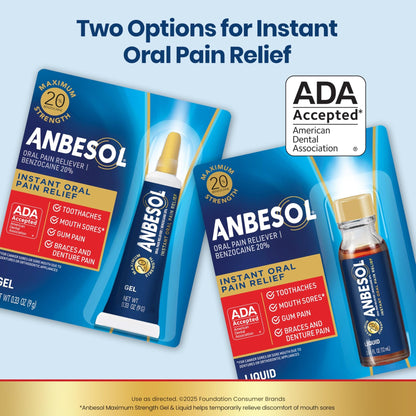 Anbesol Maximum Strength Gel - Instant Oral Pain Relief, for Toothaches, Gums, Braces, & Denture Pain, and Mouth Sores*, Canker Sore Treatment Inside Mouth, ADA Accepted, 0.33 oz - dailyvitalstore
