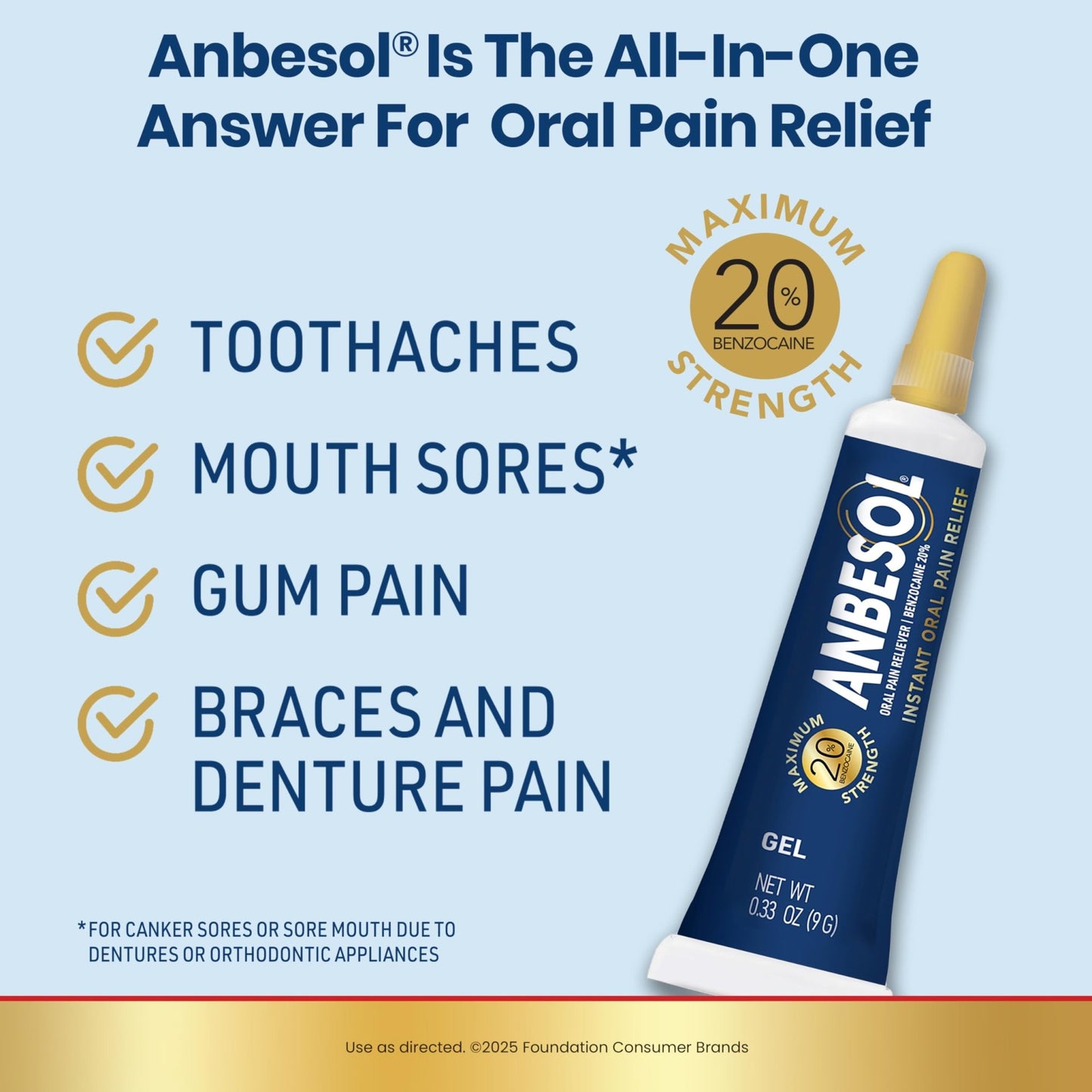 Anbesol Maximum Strength Gel - Instant Oral Pain Relief, for Toothaches, Gums, Braces, & Denture Pain, and Mouth Sores*, Canker Sore Treatment Inside Mouth, ADA Accepted, 0.33 oz - dailyvitalstore