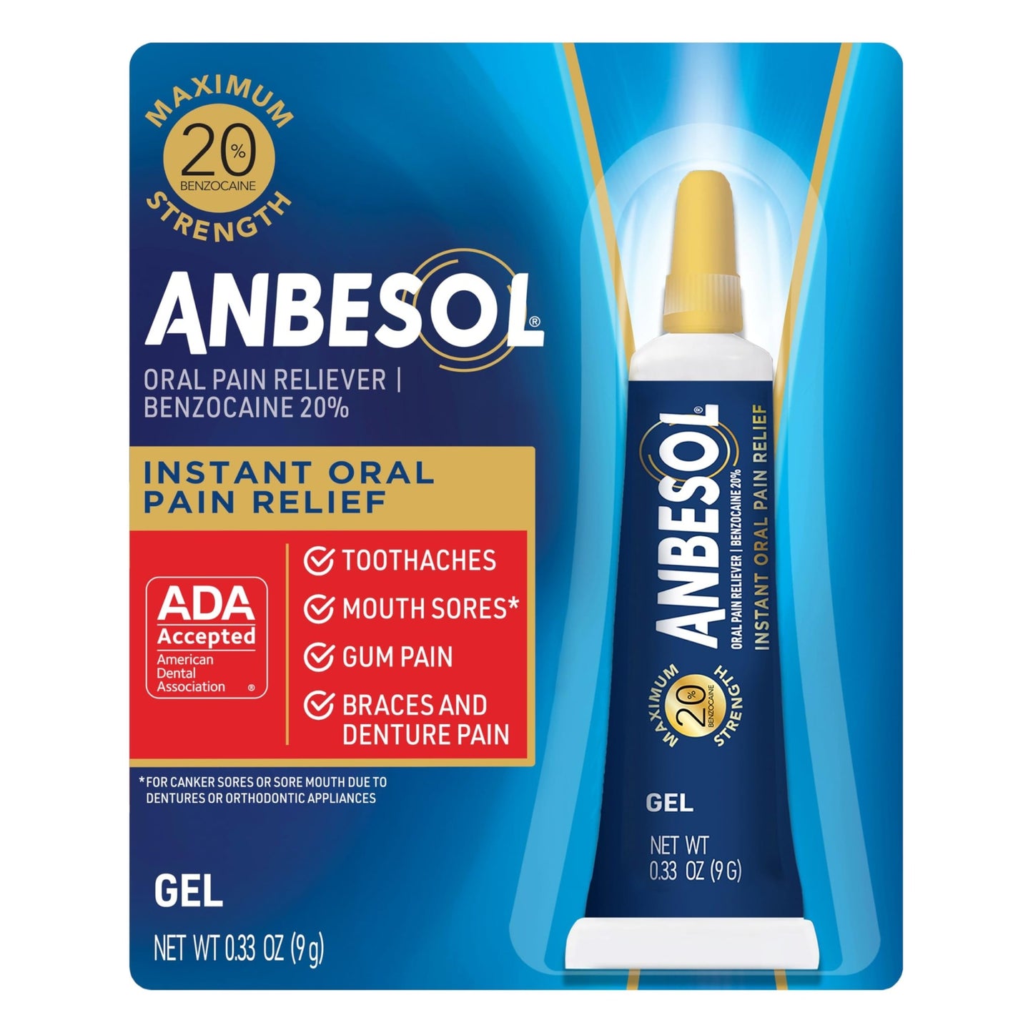 Anbesol Maximum Strength Gel - Instant Oral Pain Relief, for Toothaches, Gums, Braces, & Denture Pain, and Mouth Sores*, Canker Sore Treatment Inside Mouth, ADA Accepted, 0.33 oz - dailyvitalstore
