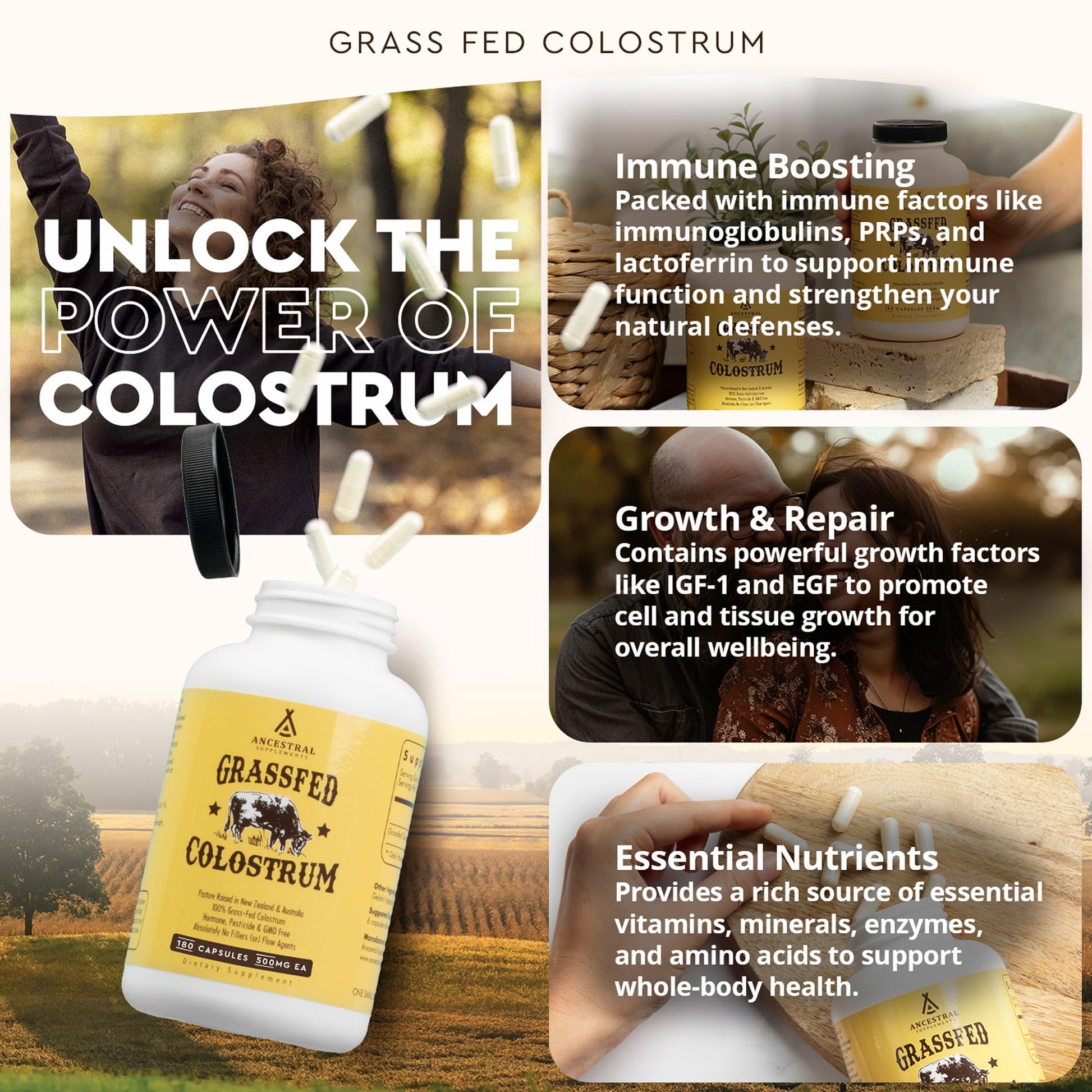 Ancestral Supplements Grass Fed Beef Colostrum Supplement, 3000 mg, Offers Immune Support and Promotes Gut Health, Athletic Performance, Healthy Iron Levels - dailyvitalstore