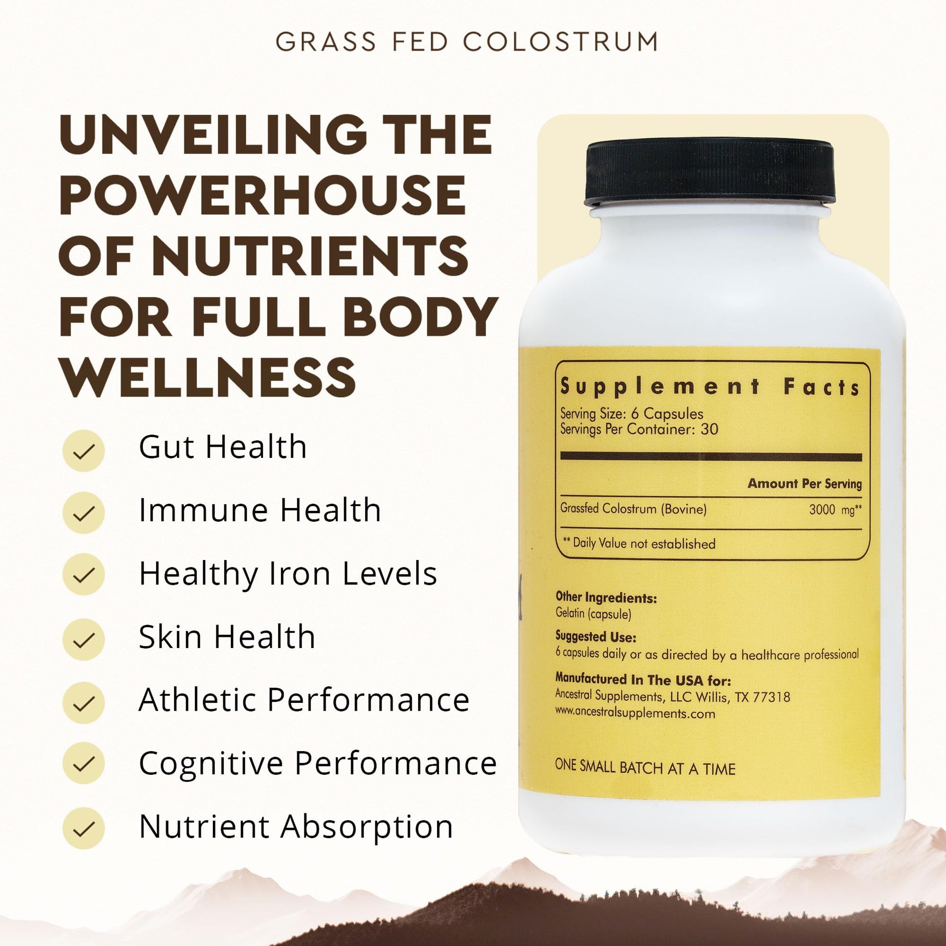 Ancestral Supplements Grass Fed Beef Colostrum Supplement, 3000 mg, Offers Immune Support and Promotes Gut Health, Athletic Performance, Healthy Iron Levels - dailyvitalstore