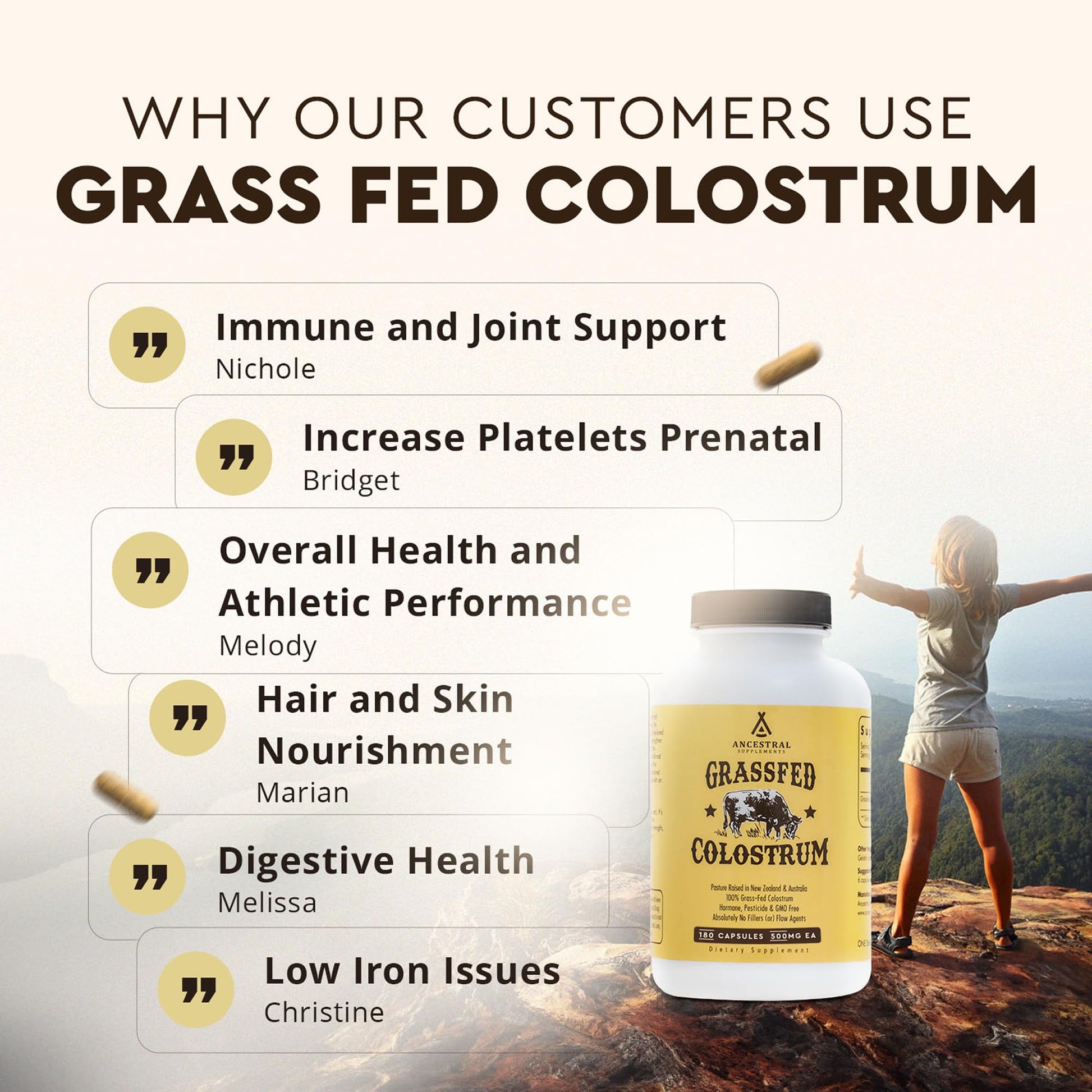 Ancestral Supplements Grass Fed Beef Colostrum Supplement, 3000 mg, Offers Immune Support and Promotes Gut Health, Athletic Performance, Healthy Iron Levels - dailyvitalstore