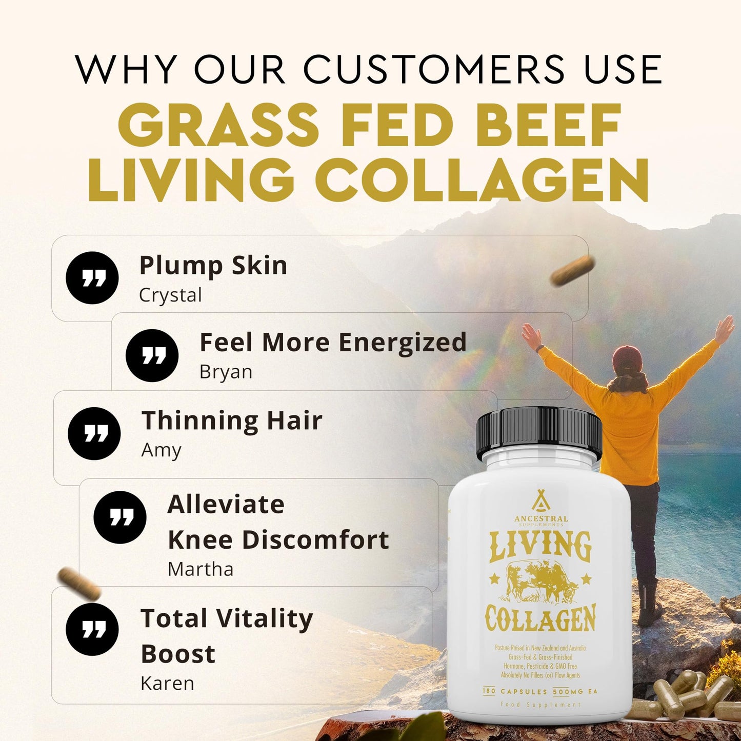 Ancestral Supplements Grass Fed Beef Living Collagen Nutritional Powder Supplement, 3000mg, Promotes Healthier, Younger Looking Skin, Hair - dailyvitalstore