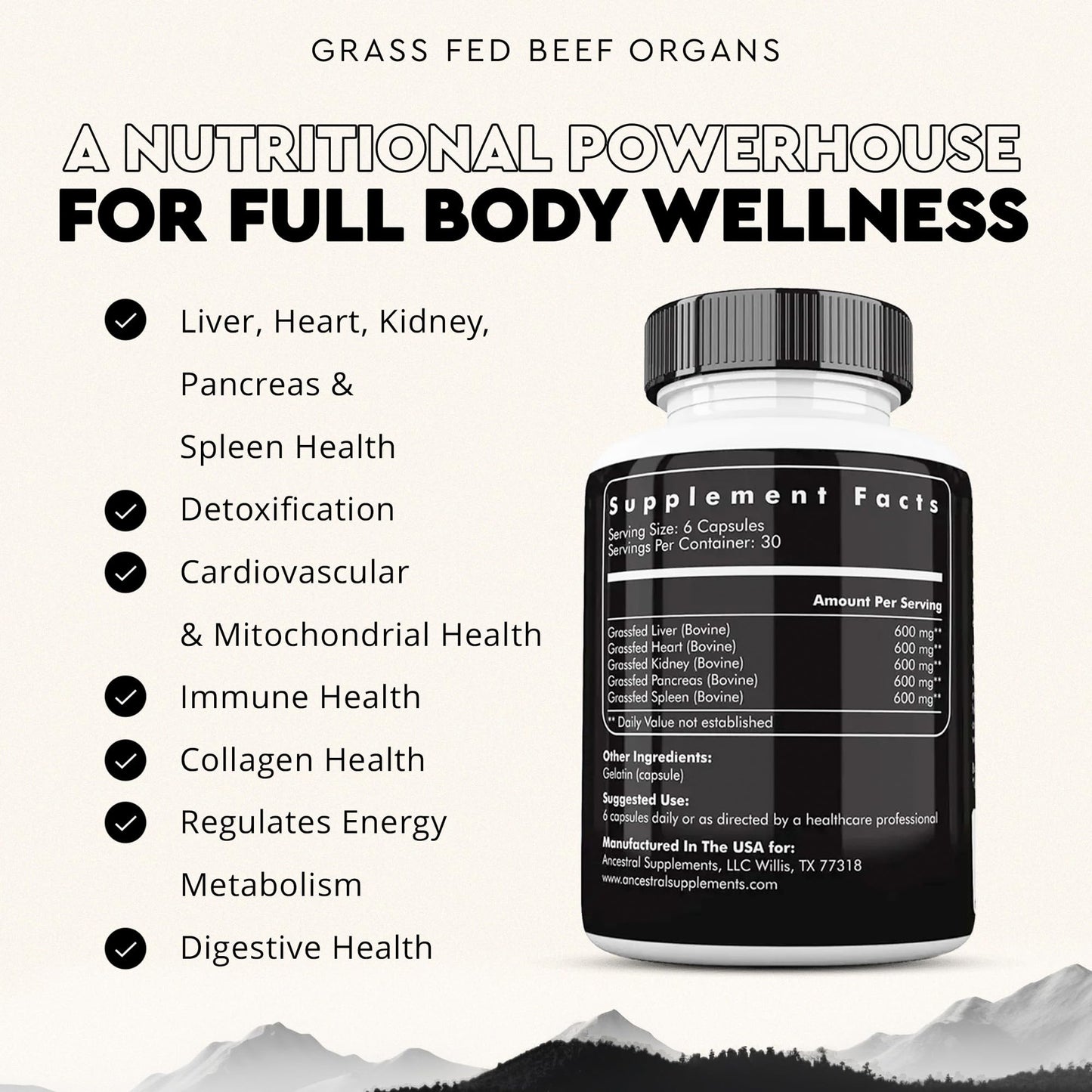 Ancestral Supplements Grass Fed Beef Organ Supplement, Supports Whole Body Wellness with Proprietary Blend of Liver, Heart, Kidney, Pancreas, Spleen, Freeze-Dried Beef, Non-GMO, 180 Capsules - dailyvitalstore
