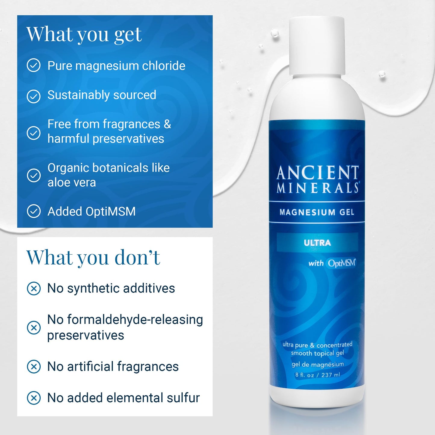 Ancient Minerals Magnesium Gel Ultra with OptiMSM and Aloe Vera - Topical Magnesium Gel Formula with MSM Best Used for Massage and Topical Application (8oz) - dailyvitalstore