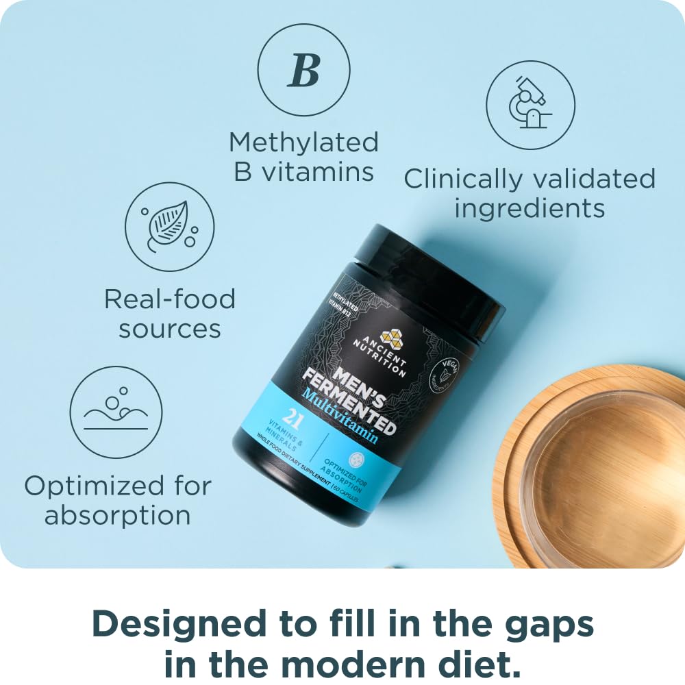 Ancient Nutrition Multivitamin for Men, Men's Fermented Multivitamin with Methylated Vitamin A, C, D, E, K, Zinc & Magnesium, Immune Support, Vegan, 60 Ct - dailyvitalstore