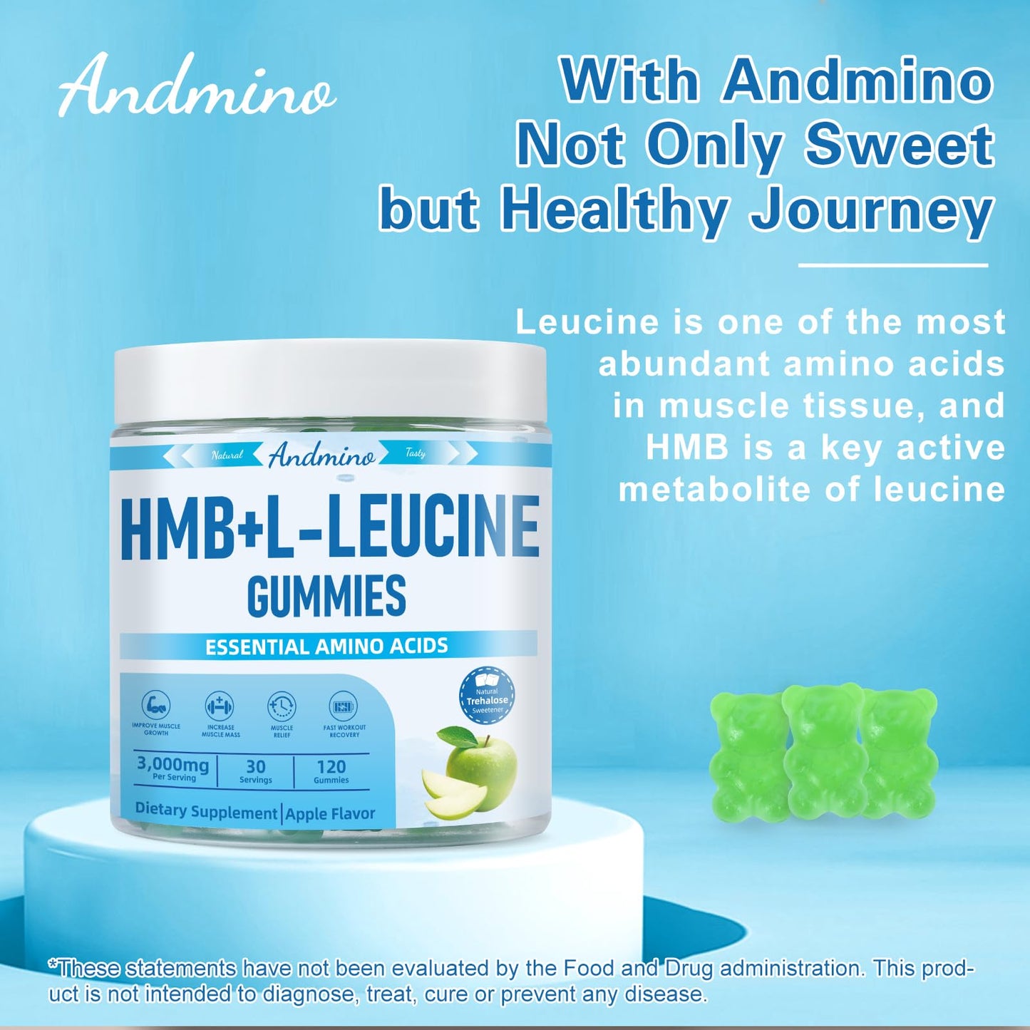 andmino HMB and L-Leucine Gummies, 3000mg, with Trehalose, for Muscle Growth, Muscle Relief and Workout Recovery, for Adults & Elder, Non-GMO - dailyvitalstore