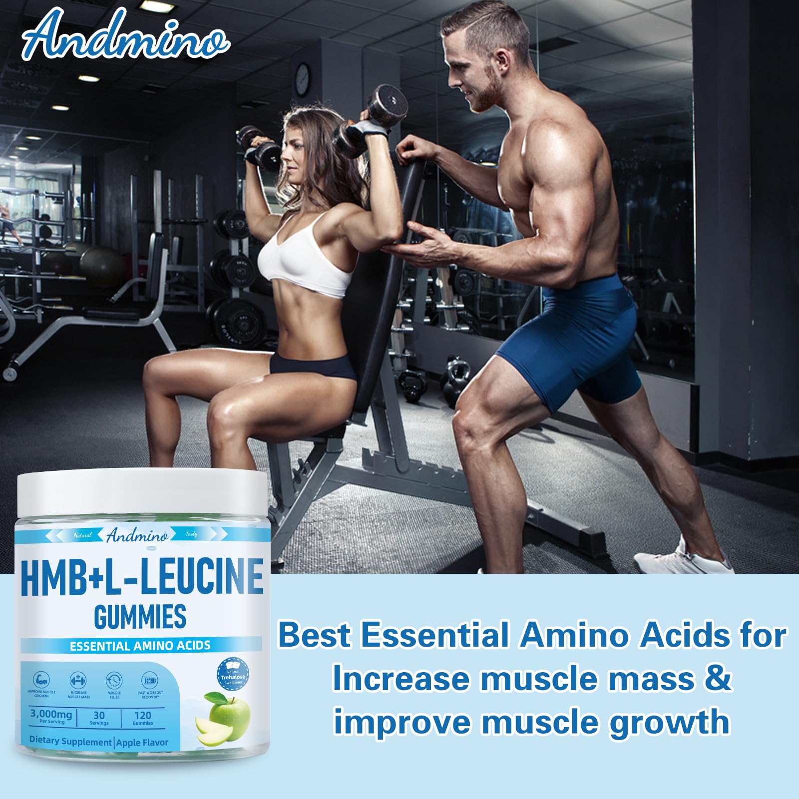 andmino HMB and L-Leucine Gummies, 3000mg, with Trehalose, for Muscle Growth, Muscle Relief and Workout Recovery, for Adults & Elder, Non-GMO - dailyvitalstore