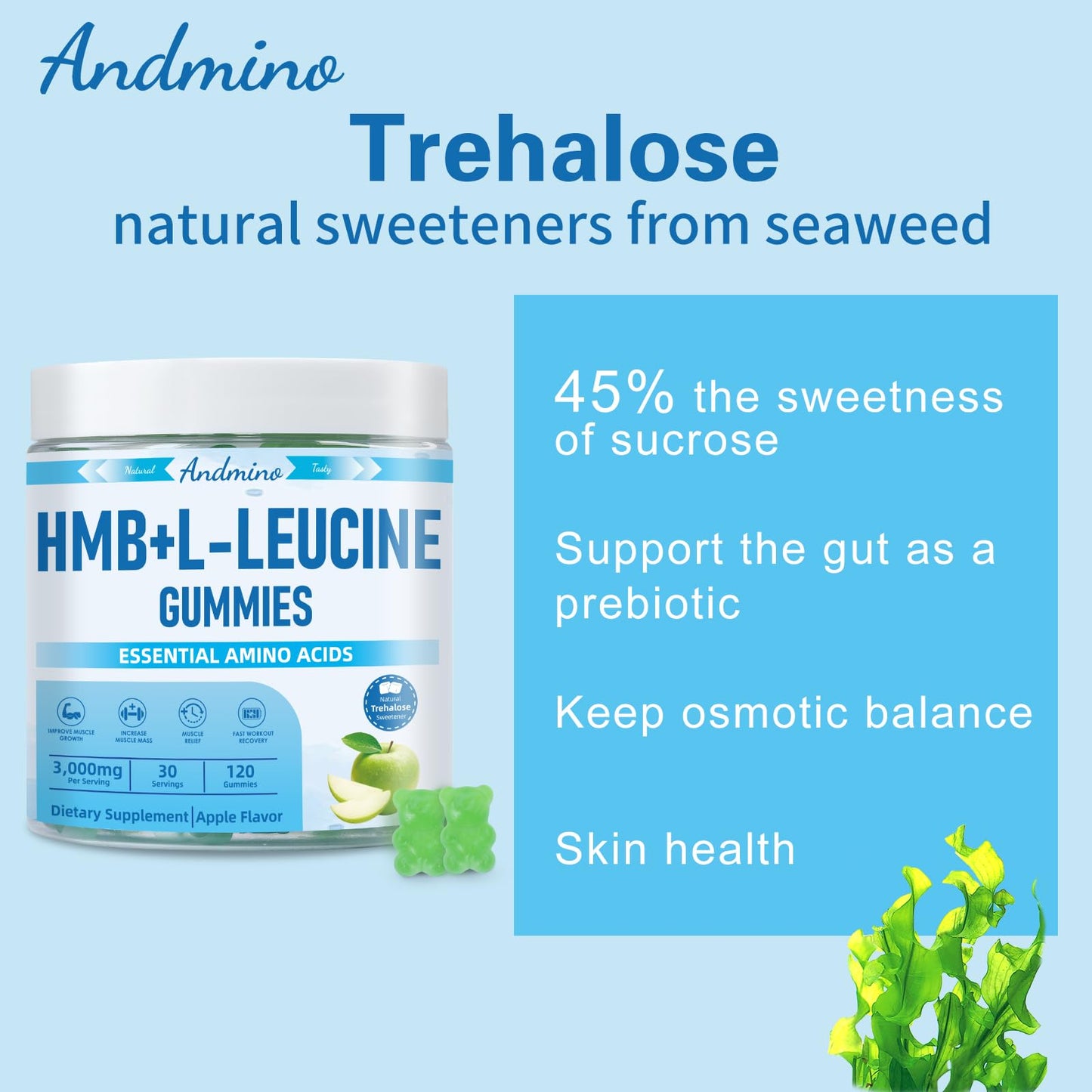 andmino HMB and L-Leucine Gummies, 3000mg, with Trehalose, for Muscle Growth, Muscle Relief and Workout Recovery, for Adults & Elder, Non-GMO - dailyvitalstore