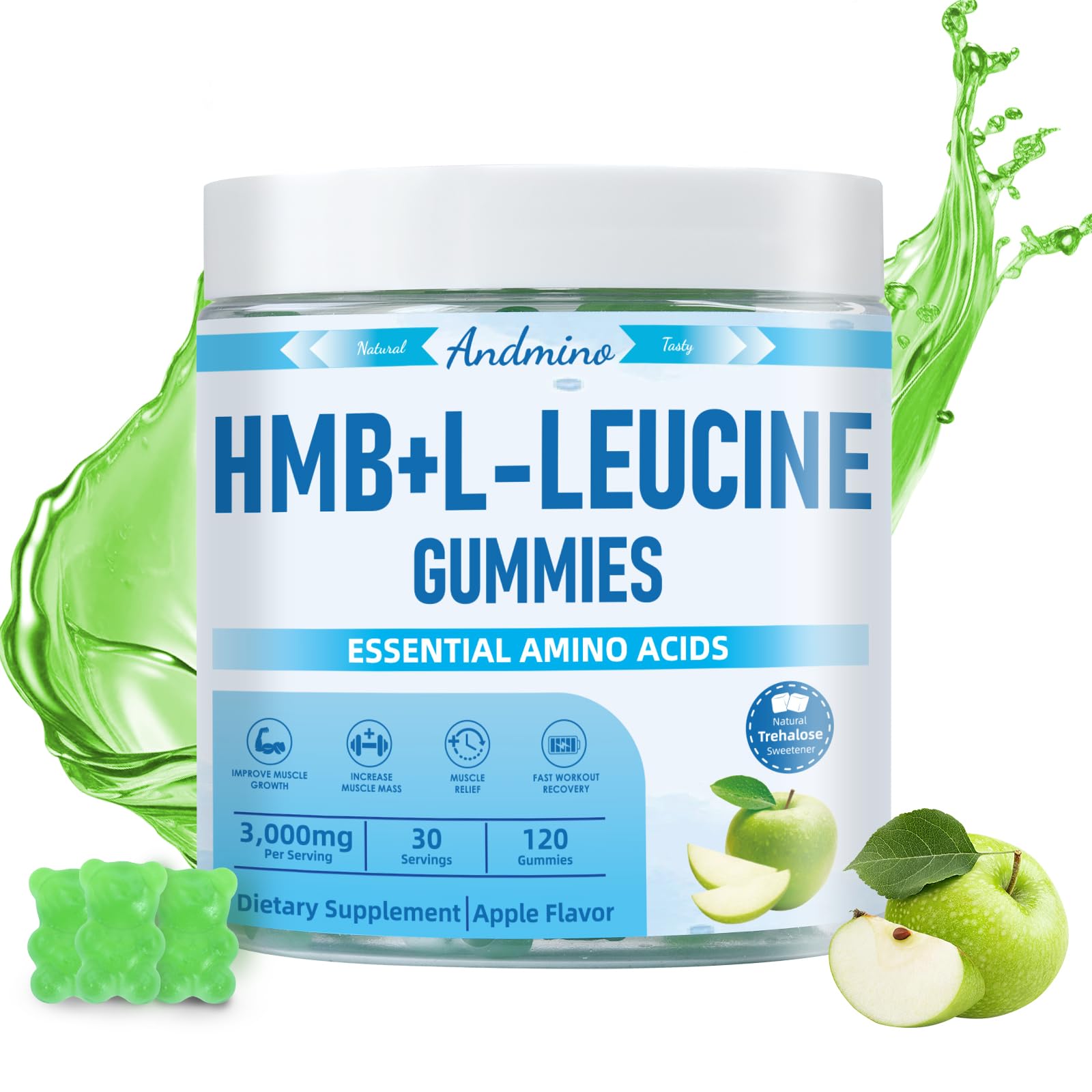 andmino HMB and L-Leucine Gummies, 3000mg, with Trehalose, for Muscle Growth, Muscle Relief and Workout Recovery, for Adults & Elder, Non-GMO - dailyvitalstore