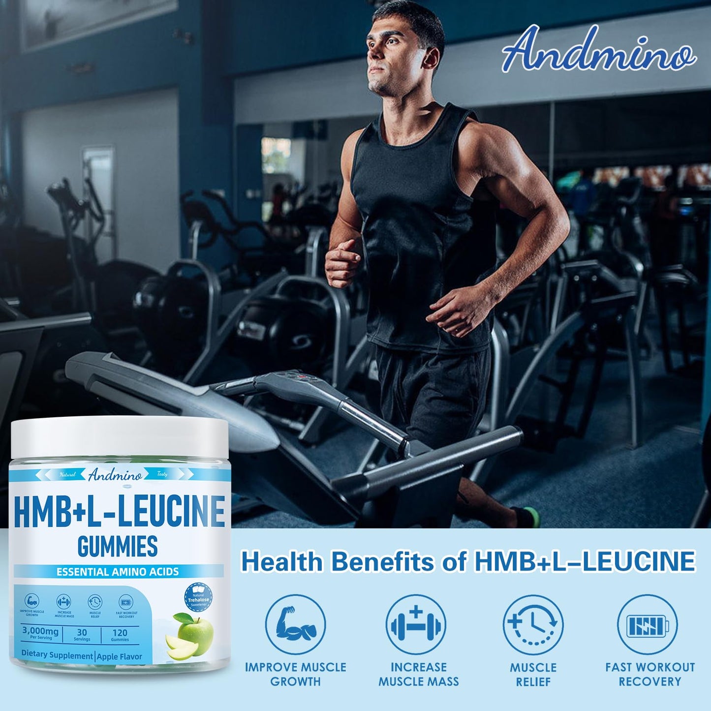andmino HMB and L-Leucine Gummies, 3000mg, with Trehalose, for Muscle Growth, Muscle Relief and Workout Recovery, for Adults & Elder, Non-GMO - dailyvitalstore