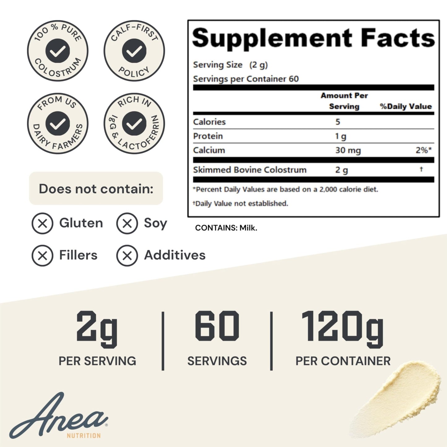 Anea Colostrum - Unflavored | Rich in Immunoglobulins & Lactoferrin | Supports Gut Health, Immunity & Recovery | Calf-First Promise | Made in USA | Made in GMP Facility - dailyvitalstore