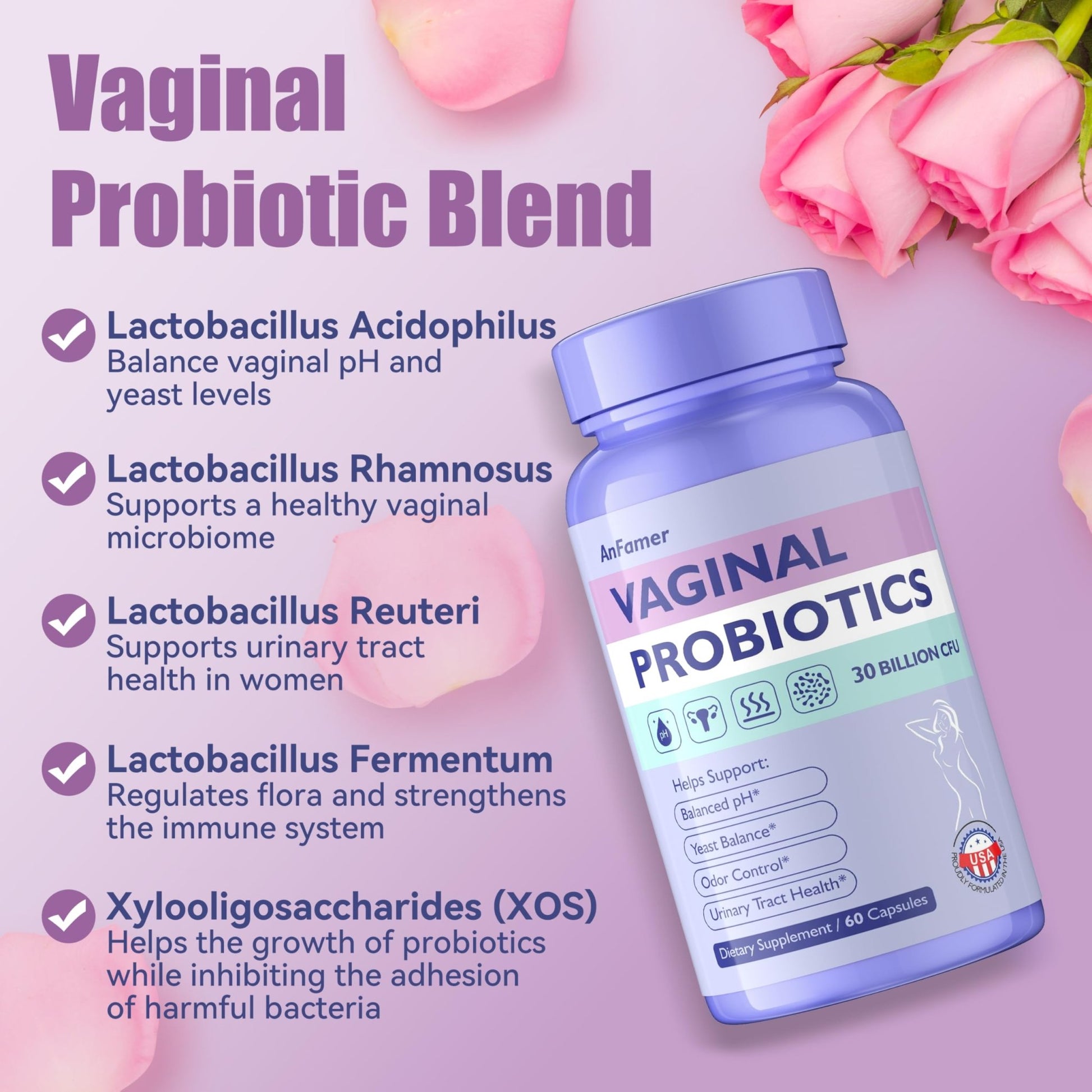 AnFamer Vaginal Probiotics for Women Female,Promotes Ph Balance,Healthy Vaginal Odor & Flora,Urinary Tract Health with Prebiotics & Lactobacillus Probiotic - dailyvitalstore