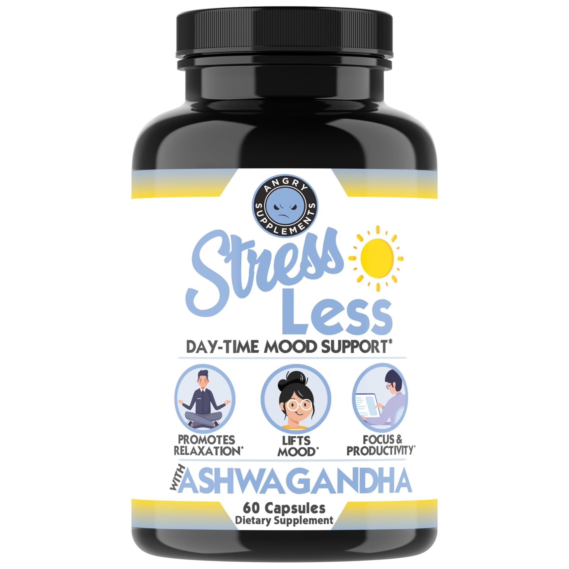 Angry Supplements Stress Less Day-Time Mood Support Pills – Natural Stress Relief with Ashwagandha, Rhodiola, L-Theanine, Magnesium & B Vitamins– Calm Focus & Mental Clarity – 60 Capsules (1-Bottle) - dailyvitalstore