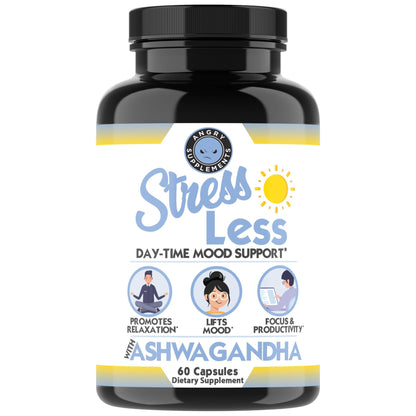Angry Supplements Stress Less Day-Time Mood Support Pills – Natural Stress Relief with Ashwagandha, Rhodiola, L-Theanine, Magnesium & B Vitamins– Calm Focus & Mental Clarity – 60 Capsules (1-Bottle) - dailyvitalstore