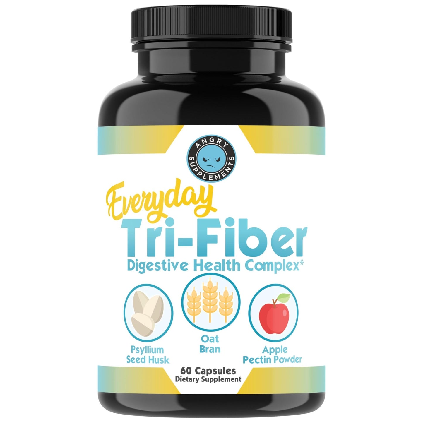 Angry Supplements Tri-Fiber Digestive Health Complex – Psyllium Husk, Oat Bran & Apple Pectin – Prebiotic Fiber for Gut Health & Regularity – 60 Capsules (2-Bottles) - dailyvitalstore